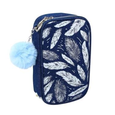 Imagem de Estojo Material Escolar Grande Jeans Divisórias Organizador Caneta Lápis Borracha Régua Pompom Azul