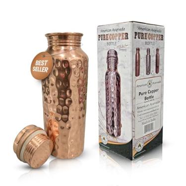 Imagem de American Ayurveda Garrafa de água de cobre 100% puro, 600 ml, sem juntas, à prova de vazamento, copo, frasco, ioga, benefícios para a saúde, água alcalina ayurvédica natural (garrafa de cobre de 600