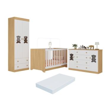 Imagem de Quarto De Bebê Completo Com Berço Americano 3 Em 1 Colchão Teddy Multimóveis MP4672 Madeirado-branco