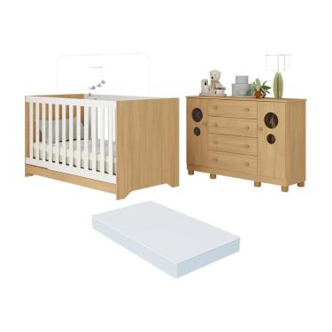 Imagem de Berço Americano 3 Em 1 Com Colchão Incluso E Cômoda 2 Portas 4 Gavetas Bombom Multimóveis MP4720 Madeirado