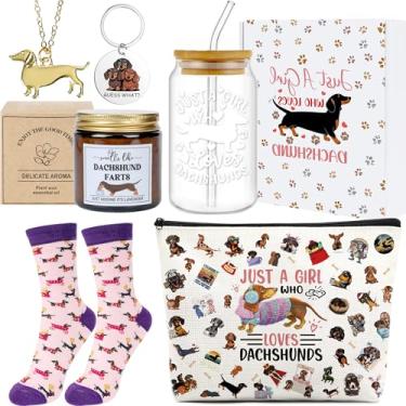 Imagem de INCOK Conjunto de presentes de Dachshund para mulheres, 6 peças, presentes engraçados de Dachshund com copo de vidro de 473 ml, velas perfumadas, bolsa de maquiagem, chaveiro e colar, presente para