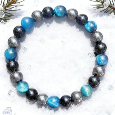 Imagem de Pulseira feminina elástica com contas de proteção tripla com olho de tigre azul feita à mão com contas de cristal natural, One Size, Pedra, Sem Pedra Preciosa