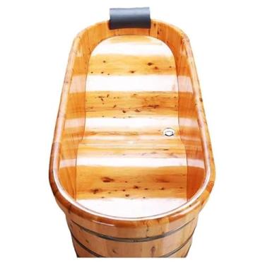 Imagem de Banheira de madeira de cedro 59 polegadas para adultos, banheira de madeira com economia de água com base em ondas, barril de banho de madeira maciça ecológico, sauna premium para uso doméstico e