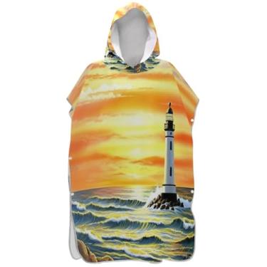 Imagem de Joisal Roupão reutilizável para adultos poncho de surfe praia com capuz toalha de banho pintura farol oceano laranja homens mulheres poncho com capuz