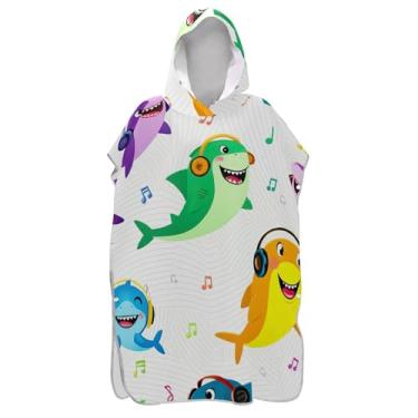 Imagem de Poncho de surfe para trocador adulto toalha de banho com capuz plus size bonito desenho animado tubarões música homens mulheres poncho com capuz