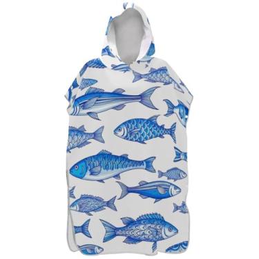 Imagem de Joisal Roupão reutilizável para troca de poncho de surfe para adultos praia moletom toalha natação peixe azul branco ponchos femininos com capuz