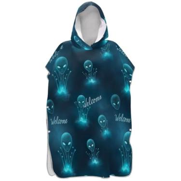 Imagem de Joisal Roupão de mudança de poncho de surfe plus size para adultos toalha de natação com capuz azul-petróleo brilhante alienígenas ponchos femininos com capuz