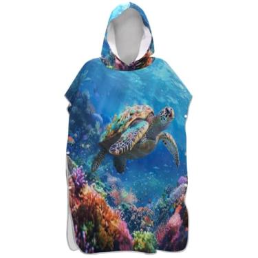 Imagem de Joisal Lindo poncho de surfe azul tartaruga para adultos trocador plus size ponchos femininos com capuz toalha de banho com capuz de praia