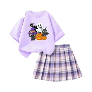 Imagem de Conjunto De Camiseta E Saia Xadrez Com Estampa De Gato Fantasma De Hal