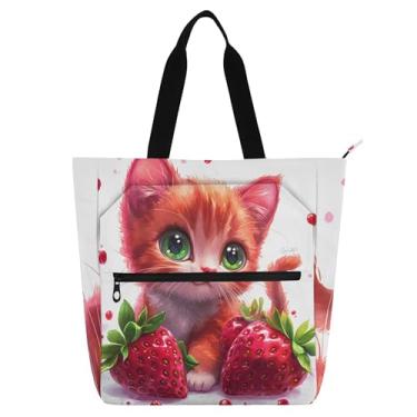 Imagem de Sacola feminina de trabalho com gatinho fofo e gato morango, bolsa escolar, bolsa para professores, presente para amantes de livros