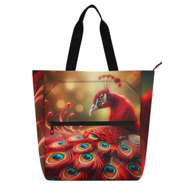 Imagem de GAIGEO Bolsas de trabalho fofas de penas de pavão para mulheres, bolsa de lona com zíper, bolsa de praia, presente para professores de livros