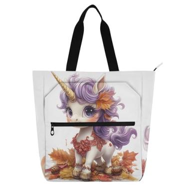 Imagem de Linda sacola feminina com folhas de outono de unicórnio para trabalho com zíper, bolsas para professores, presentes para amantes de livros