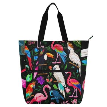 Imagem de GAIGEO Bolsa de ombro colorida de pássaros tropicais preta com zíper para mulheres e crianças amantes de livros escolares de trabalho