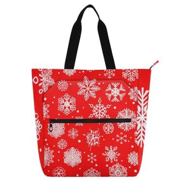 Imagem de Bolsa feminina de Natal branca com flocos de neve vermelha bolsa de trabalho de lona para escola de praia utilitária bolsas infantis presente para amantes de livros