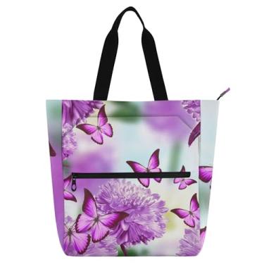 Imagem de GAIGEO Sacola floral com borboletas roxas vibrantes para mulheres, trabalho, lona, faculdade, escola, bolsas para uso diário, amantes de livros