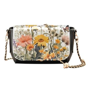 Imagem de Peônias rosa em listras pretas bolsas de couro transversais para mulheres, bolsa transversal de couro, bolsa tiracolo feminina de couro, Aquarela flores silvestres com borboletas - 2, One Size