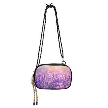 Imagem de TSENQUE Bolsa tiracolo de flores roxas de campo lavanda pequena bolsa feminina bolsa de viagem sobre o ombro carteira de verão bolsa para celular