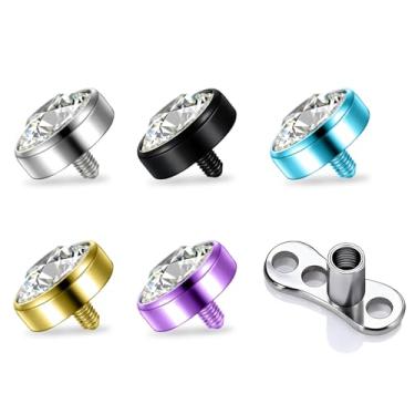 Imagem de QUZIONE Conjunto de joias de piercing dérmico – Âncora de perfuração de superfície 14G + 4 tops micro dérmicos de zircônia cúbica (3/4/5/7 mm) – Joias de piercing dérmico de grau de implante para