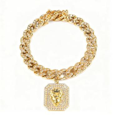 Imagem de Prdgohv Corrente de ouro para cães com pingente de diamante (leão) colar de corrente de metal para caminhada estilo cubano para animais de estimação acessórios de joias (leve caixa de joias) (dourado