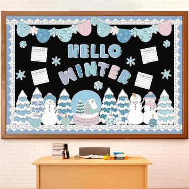 Imagem de Funrous Conjunto de decoração de quadro de avisos de inverno, decoração de sala de aula, recortes, árvore de Natal, boneco de neve, flocos de neve, quadro de avisos, adesivo para decoração de parede