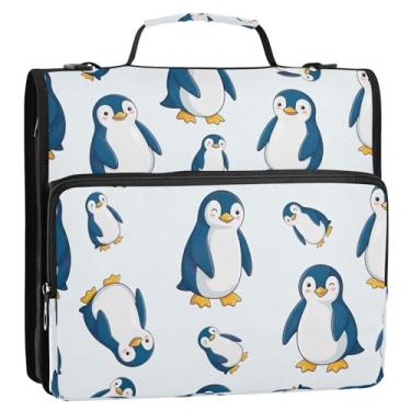 Imagem de Linda bolsa de fichário de pinguins de desenho animado azul e branco, organizador de 3 anéis com zíper, vários bolsos, portfólio repelente de água, pasta grande com alça de ombro para escola