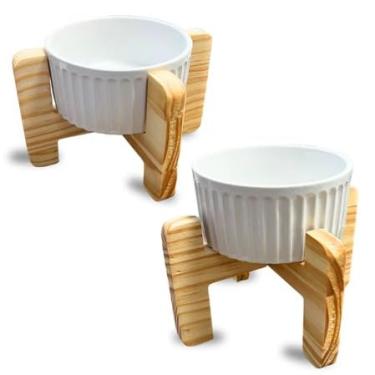 Imagem de Kit 1/2 Comedouro Pet Elevado Madeira Potes Porcelana Estilo Saúde Cachorro Gato Ração - 16 * 12cm, Estilo Saúde para Cães e Gatos(Kit 2 Comedouros)