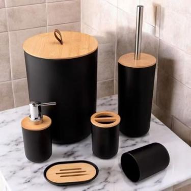 Imagem de Kit 6 Peças de Banheiro de Bambu - Saboneteira, Escova Sanitária, Porta-Escova, Porta-Sabonete Líquido e Lixeira | Eco-Friendly, Organização Compacta para Banheiro Residencial (PRETO)