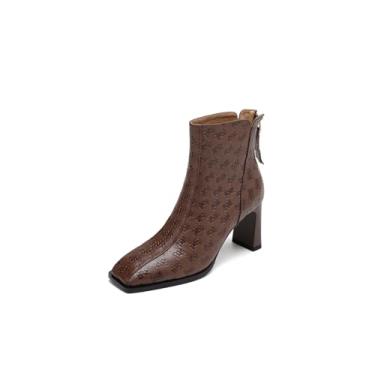 Imagem de TinaCus Bota feminina de couro legítimo em relevo bico quadrado feito à mão salto bloco com zíper, Chocolate, 34