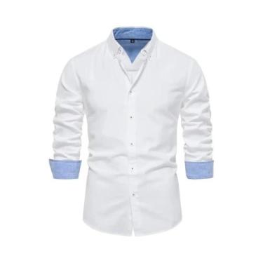 Imagem de Camisa Oxford De Algodão Misturado Para Homens, Manga Longa, Botão Fro