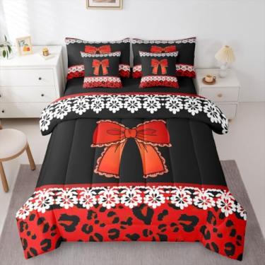 Imagem de Feelyou Conjunto de edredom com laço vermelho com desenho de 7 peças, solteiro, com estampa de guepardo, para crianças, meninos, meninas, cama de renda branca em uma bolsa, damasco e leopardo