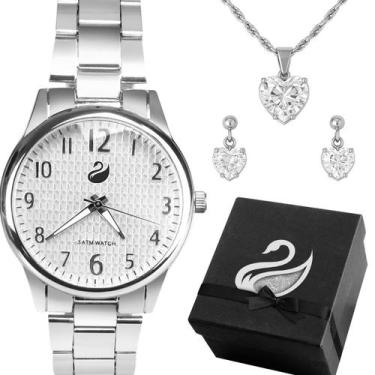 Imagem de Relógio Feminino Aço Inox Clássico Casual Prata com Kit Joias Colar 45