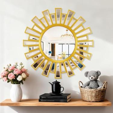 Imagem de QuiltMuse Espelhos de parede decorativos de 61 cm, espelho redondo para decoração de parede, decoração prateada moderna Sunburst, espelho de detalhes pendurados na parede para sala de estar, banheiro