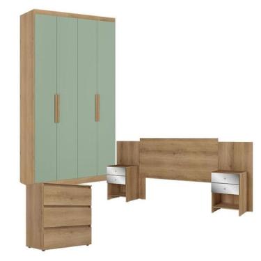 Imagem de Guarda Roupa Solteiro Milan 4 Portas Capuccino Menta com Cômoda Gavete