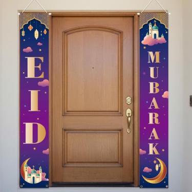 Imagem de Faixa de porta Eid Mubarak, decoração muçulmana do Ramadã sinal de boas-vindas para varanda, decorações de porta do Ramadã para parede interna e externa, decoração de suprimentos de festival muçulmano