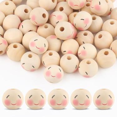 Imagem de 50 peças de contas de madeira para artesanato, contas de madeira sorridentes de 20 mm com furos, contas de madeira de rosto redondo natural para artesanato DIY, fabricação de joias, decorações de anjo