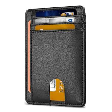 Imagem de Carteira fina para homens e mulheres, bolso frontal minimalista com bloqueio de RFID, porta-cartão de crédito, Saffiano - preto (PU), 1 Count (Pack of 1), Slim
