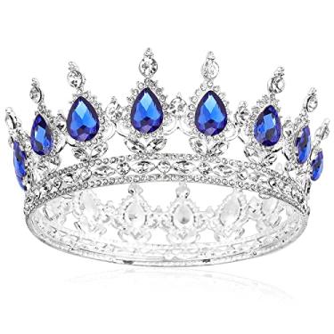 Imagem de COCIDE Coroa de prata para mulheres, tiara e coroas de cristal azul para meninas, strass, rainha, faixa de cabeça, acessórios de cabelo de princesa para festas de crianças grandes, nupciais, aniversário, baile, fantasia de cosplay