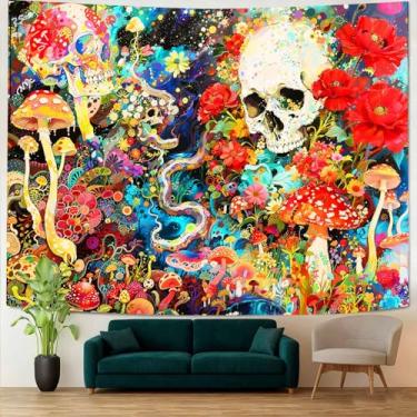 Imagem de SHRAPHY Tapeçaria colorida de flor de cogumelo esqueleto decoração de parede peculiar várias plantas naturais grandes crânio fofo divertido fantasia retrô estética hippie quarto dormitório sala de