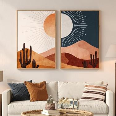 Imagem de Arte de parede do deserto boho emoldurada grande para sala de estar, conjunto de 2 arte de paisagem de cactos de sol e lua, impressões de pinturas boêmias modernas de meados do século para decoração