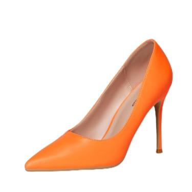 Imagem de GENSHUO Sapatos de salto alto para mulheres, bico fechado, salto agulha pontiagudo sexy, 10 cm, vestido de festa de formatura, Laranja fluorescente, 35