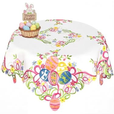 Imagem de SiliFine Toalha de mesa de Páscoa, 86 cm, quadrada, pastel, bordada, ovo de primavera, lençóis florais coloridos para Páscoa, primavera, festa, jantar, cozinha, decoração de férias