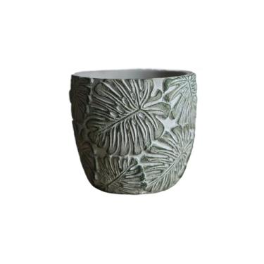 Imagem de KEG801302 Vaso de flores redondo com alívio de folhas verdes, com orifício de drenagem, vaso de cimento, para decorar sala de estar, quarto, jardim, plantador