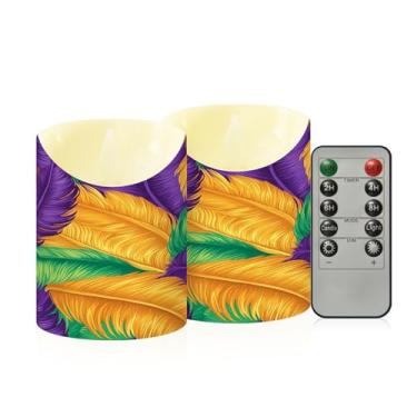 Imagem de Wassud Pacote com 2 velas sem chama de pena de carnaval com controle remoto, velas realistas cintilantes com temporizador, velas decorativas para Natal, casamento, festa, decoração de casa, pequenas