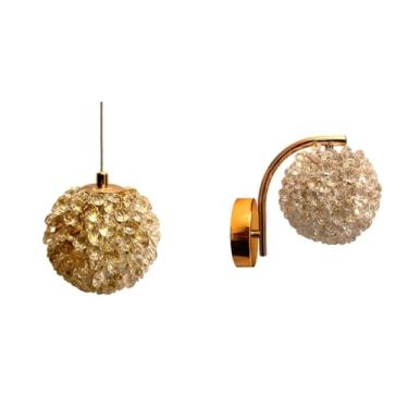 Imagem de Conjunto de Pendente Esfera De Cristal Dourado Led 7w e Arandela Lustre De Cristal Dourada Ambas Com Troca De Cor No Interruptor Bivolt