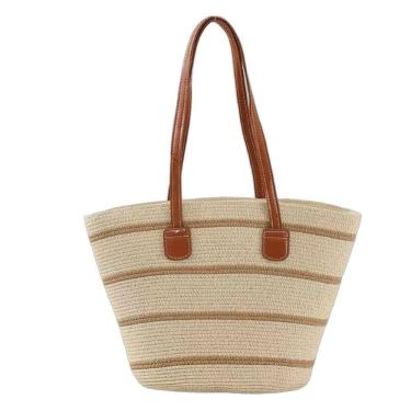 Imagem de Bolsa De Palha Grande Com Forro Para Praia, Piscina, Férias E Uso Diário - Bege Listrada