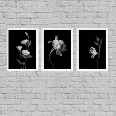 Imagem de Kit 3 Quadros Flores Preto E Branco 24X18Cm - Branca - Quadros On-Line