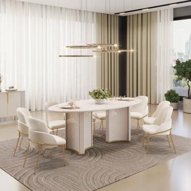 Imagem de Conjunto Sala de Jantar Liz Tampo Elipse com Vidro Orgânico 218cm com 8 Cadeiras Vitta Off White/Perola