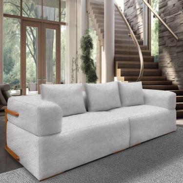 Imagem de Sofá 3 Lugares 2,40m Em Tecido Bouclé Com Aplique Em Madeira – Scott Lucadi Cinza