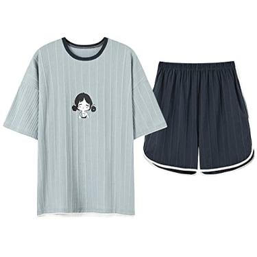 Imagem de HHHJQFAAT Pijama feminino com desenho animado manga curta gola redonda casual tamanho grande roupa de casa feminina (azul grande)