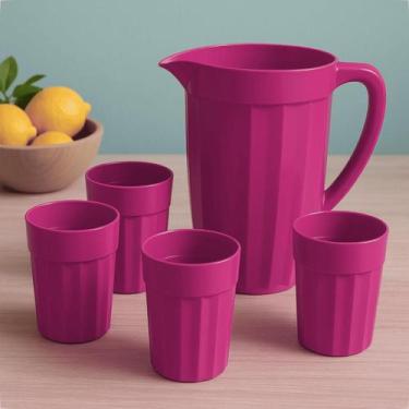 Imagem de Kit 1 Jarra 1,7L + 4 Copos Coloridos 350ml Plástico Colorido Resistent